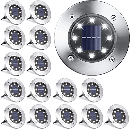 Qedertek 16 Pack Luz Solar Exterior Jardin 8 LED Luces Solares de Tierra, Lampara Solare Exterior IP65 Impermeable Blanco Luces Solares para Césped, Patio, Camino, Escalón, Entrada de Garaje