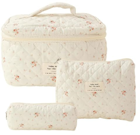 Longzhuo 3-teiliges Kulturbeutel-Set für Damen, gesteppt, mit Blumenmuster, Kosmetiktasche, weiß, Fleuron