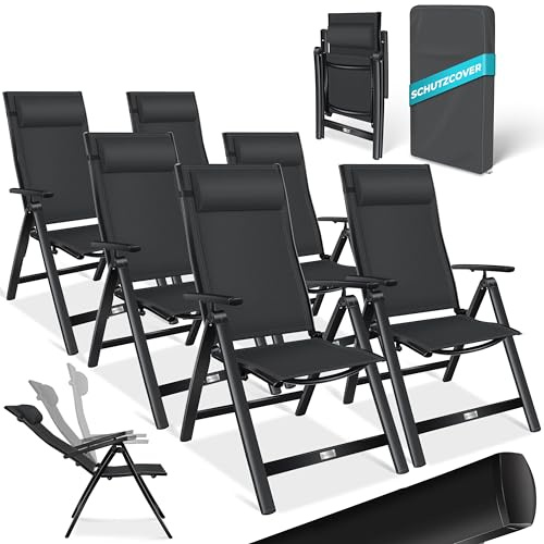 KESSER® Trädgårdsstol högt ryggstöd med armstöd set om 6 fällstol i aluminium med kudde och skydd campingstol 7-vägs justerbart ryggstöd andas väderbeständig vikbar halkfri, svart