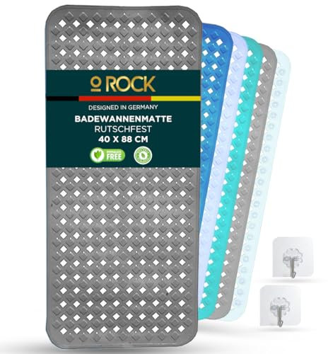 o ROCK Badewannenmatte Grau, 88 x 40cm - Badematte rutschfest mit 2 Selbstklebende Haken zum Aufhängen – Duschmatte mit Abflusslöchern – BPA-, & Latexfrei Antirutschmatte für Badewanne (Dark Grey)