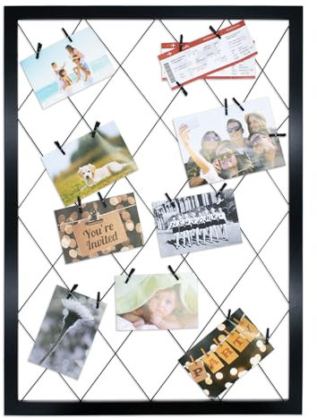 Spetebo Holz Bilderrahmen schwarz mit Gummileinen - 75 cm x 55 cm - DIY Foto Collage Rahmen mit 20 Holzklammern - Gitter Fotohalter Bildergalerie Fotoboard Fotoleine