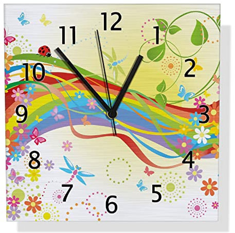 Wallario Design Wanduhr Regenbogen im Sommer - Bienchen und Blümchen aus Aluverbund, Alu-Uhr Größe 30 x 30 cm, Schwarze Zeiger mit Metalloptik