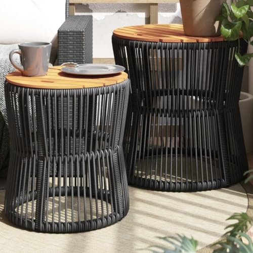 Somanki Garten-Beistelltische 2 STK. mit Holzplatte Schwarz Poly Rattan, Gartentisch, Terrassentisch, Esstisch Garten, Balkontisch, Gartenesstisch, Gartenmöbel, Partytisch - 366291