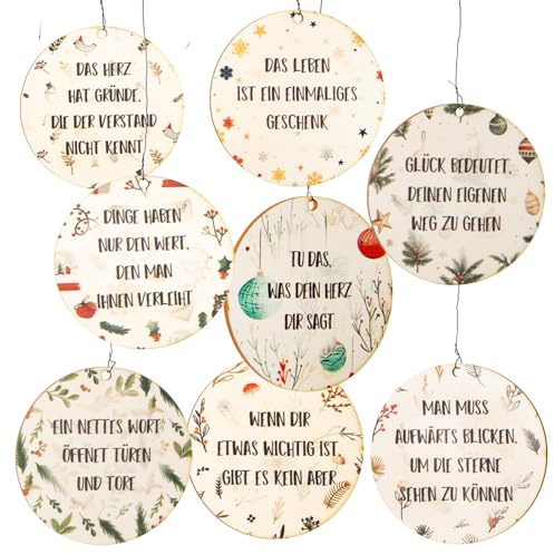 Logbuch-Verlag 8 besondere Weihnachtskugeln aus Holz mit Sprüchen Bunte Christbaumkugeln Flache Geschenkanhänger Weihnachten Ø 8 cm