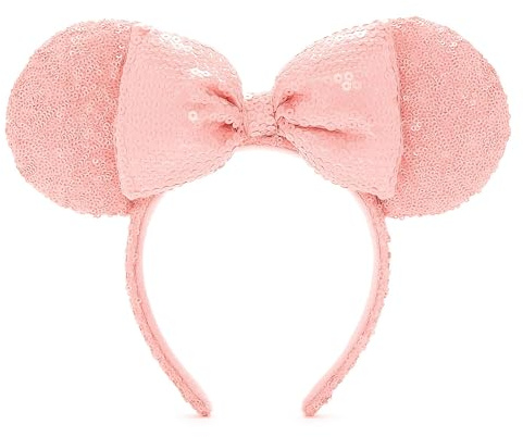 Disney Store Official, Minnie Mouse, Diadema Orejas Rosa para Adultos, Accesorio de Disneyland Paris, Accesorio para el Pelo Unisex con Lazo y Lentejuelas Rosas
