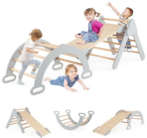 DREAMADE Montessori Kletterdreieck mit Kletterbogen und Rutsche, Holzdreieck für Kleinkinder ab 1 Jahre, Kletterspielzeug, Indoor Klettergerüst Rutschen und Klettern (Grau, ohne Kissen)