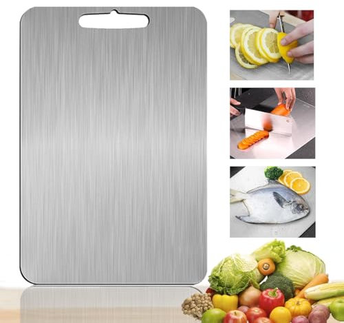 Planche a Decouper en Titane, Planche à Découper Inox Double Face Multifonction Peut être Suspendu Durable Planche Cuisine pour Viande, Légumes und Fruits (29 * 20 cm)