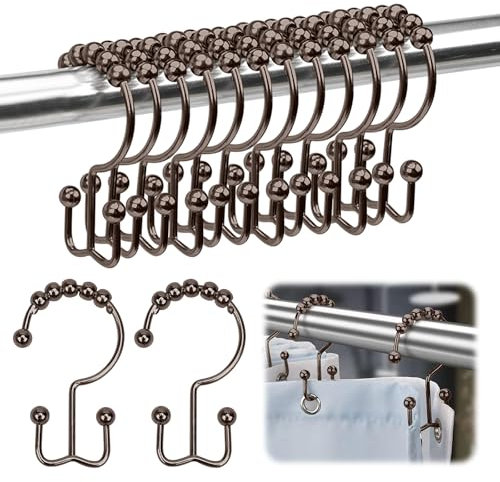 Shower Curtain Hooks,12 PCS Shower Hooks for Shower Curtain,Durable Stainless Steel Bathroom Shower Curtain Hangers,Shower Rings for Bathroom Shower Curtain Rod (Brown)