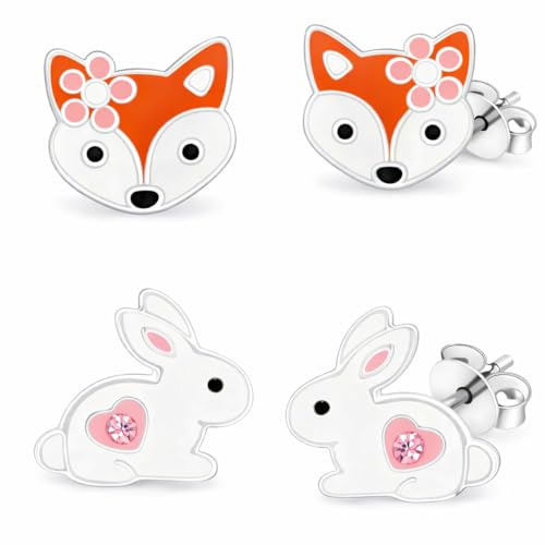 FIVE-D Kinder Ohrringe Ohrstecker Hase 925 Sterling Silber Ostern (Set Hase-Fuchs)