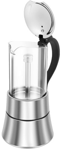 VAVPUP Cafetera expreso de acero inoxidable, cafetera italiana portátil para el hogar, 120 ml, jarra de moca de inducción, placa de cristal transparente, cafetera italiana portátil para café en casa