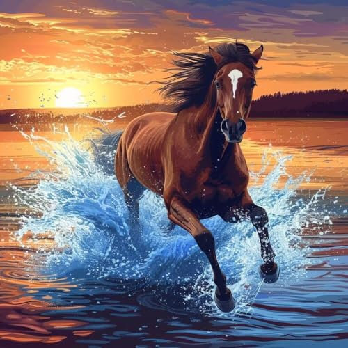 Malen Nach Zahlen Erwachsene Lake Horse, DIY Kreativ Set Erwachsene, 100x100cm Malen Nach Zahlen Kinder und Anfänger, mit Pinseln und Acrylfarben Handgemalt Ölgemälde Leinwand, Gifts Home Decor D-740