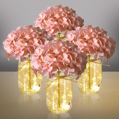 Juinte 4 Sets Mason Jar with Lights Pink Hydrangea Decorative Mason Jars Flowers Centerpieces Table Decorations LED Farmhouse Vase for Home Wedding Event Party Decor