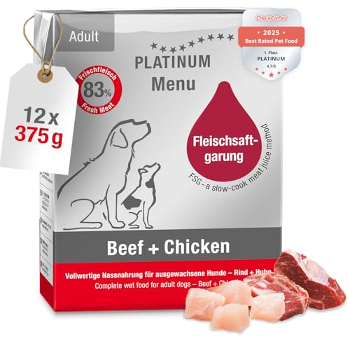PLATINUM - Hundenahrung Menu Adult Beef+Chicken aus Fleischsaftgarung - 12 x 375 g Hundenassfutter nährstoffreich wie Barf - besonders saftig für kleine und große Hunde - BPA-frei, in DE geprüft