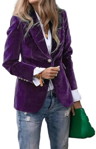 Generisch Blazer en velours pour femme - Style décontracté - Pour le bureau et les loisirs - Manches longues - Boutonné - Entièrement doublé
