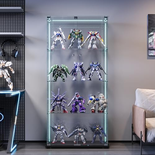 HFASD Glasvitrine Standvitrine, Glasvitrine Stehend Mit LED Beleuchtung, 4 Glasböden, 2 Türen, Glas Vitrine, Vitrinenschrank Aus Holz & Glas, Sammlervitrine Für Wohnzimmer Büro Wein Bücher