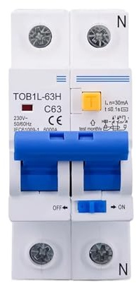 Disjoncteur différentiel 2P 63A 230V avec protection contre les surintensités et fuites de courant, disjoncteur sécurité pour rail DIN, dispositif 50 Hz/60 Hz(63A)