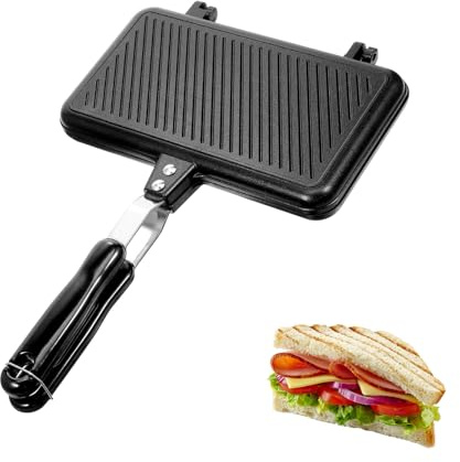 Appareil à croque-monsieur double face - Poêle double face - Avec poignée résistante à la chaleur - Pour sandwich, gaufres - Noir - Grille-pain pliable - Pour le petit déjeuner, le camping et