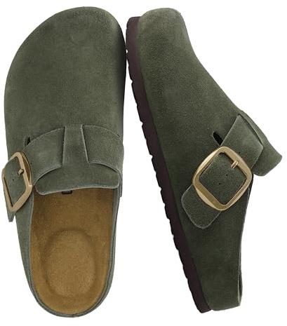 CUSHIONAIRE Rusty Genuine Leather Clogs for Women, Comfortable Slip On Womens Shoes with Adjustable Buckle and Soft Memory Foam, Khaki 8