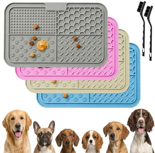 Leckmatte für Hunde und Katzen - 4 Stück Schleckmatte Hund mit Saugnäpfen und Zwei Pinsel, Leckmatte Katze, Katzen Matte Quadratisch für Langsame Fütterung, Angstlinderung und Langeweile, Vier Farben