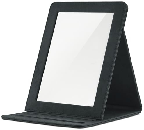 HEISHAYU PU Cuir Miroir de Maquillage Pliant Portable (Bracket Rectangulaire Réglable Miroir Ultra-Mince) Adapté pour Les Voyages, Le Camping, La Maison, Le Bureau (Noir)