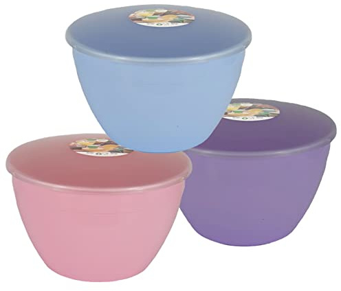 Just Pudding Basins Steam Moulds for Baking with Clear Clip Lids, Reusable Plastic Microwave Safe Kitchen Bowls, Pastel Summer Colours Collection, 3 Pint 1.71L, 3 Pack