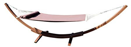 ALEOS. 410cm XXL Luxus Hängemattengestell Limited Edition Coffee Gestell aus Holz Lärche mit Stabhängematte GEPOLSTERT inkl. Kopfkissen Edelstahl Ketten Karabiner und Schrauben