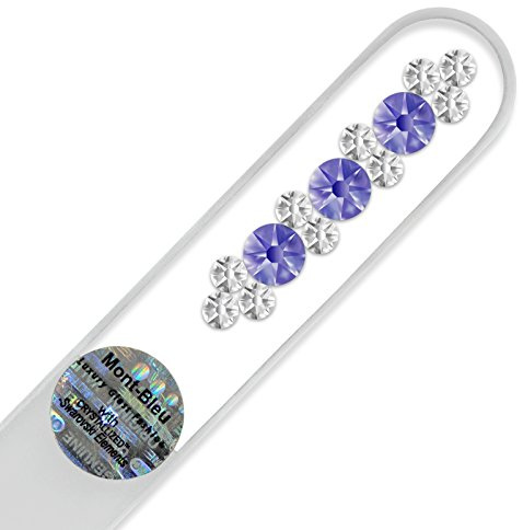 Mont Bleu Elegant, Czech Made Crystal Glass Nail File, Hand Decorated with Swarovski crystals, in Black Velvet Pouch (Tanzanite - Crystal)