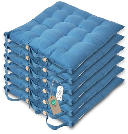 Homescapes 6er Set Stuhlkissen 40x40 cm blau – Sitzkissen Outdoor/Indoor mit Baumwollbezug, Sitzpolster waschbar und Oeko-TEX-Zertifiziert für Esszimmer-, Küchen- & Gartenstühle
