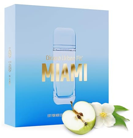 Dicora Urban Fit | Eau de Toilette SET MIAMI FOR HER+NECESER | Set Perfume de Mujer | Fresca y apetitosa | Manzana, Limón, Jazmín, Rosa Blanca, Almizcle | 150 ml