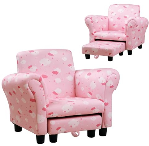HOMCOM Toddler Chair Children's Armchairs Wood Frame w/Footrest Anti-Slip Legs High Back Arms for Bedroom Playroom Cute Cloud Star Pink