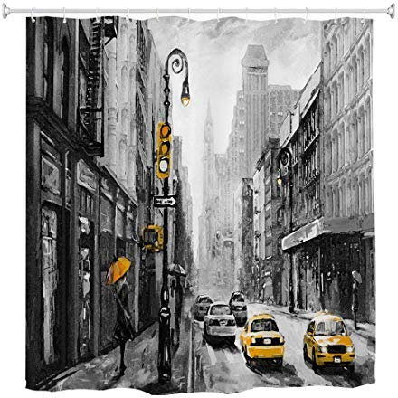 A.Monamour Cortina de Ducha Antimoho Impermeable Lavable Tela Calle De Nueva York Mujer Bajo Paraguas Amarillo Taxi Pintura Al Óleo Negro Blanco Poliéster Cortinas de Baño con Ganchos 180x180cm
