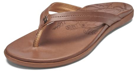 OLUKAI Honu Women's Beach Sandal, Soft & Comfortable Full-Grain Leather, Easy Slip-On Flip-Flops, Everyday, All-Day Comfort & Style, Tan/Tan, 8
