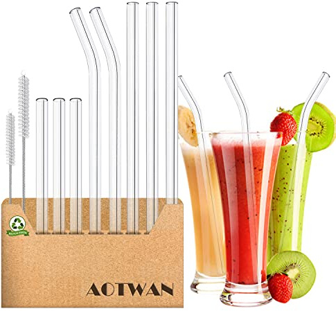Glass Straws 10 Pack,Size 8.5''x10MM and 6''x10MM,Glass Straws Drinking,Eco Friendly Including 6 Straight and 2 Bent with 2 Brushes,Reusable Straw for Cocktail,Juice