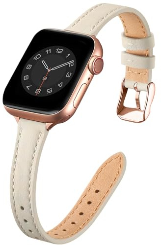SUNFWR Kompatibel med Apple Watch armband 42 mm 44 mm 45 mm 49 mm, äkta ersättning läderarmband, smalt och lätt armband för iwatch Series Ultra/8/7/6/5/4/3/2/1, SE (elfenben vit och roséguld)