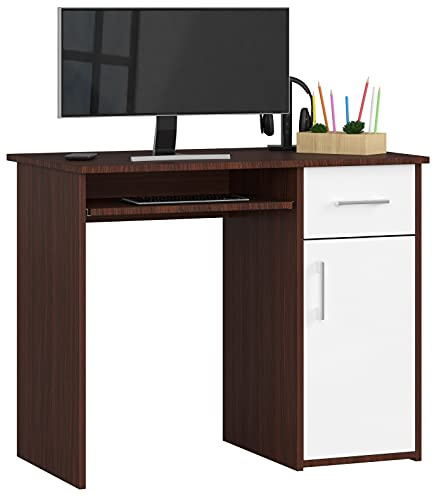 AKORD PC-Schreibtisch PIN mit Tastaturablage | Schreibtisch Klein mit Schubladen | Computertisch | Bürotisch 1 Schublade, 1 Ablagefach mit Tür, B90 x H74 x T50 cm, 29 kg | Wenge & Weiß Front
