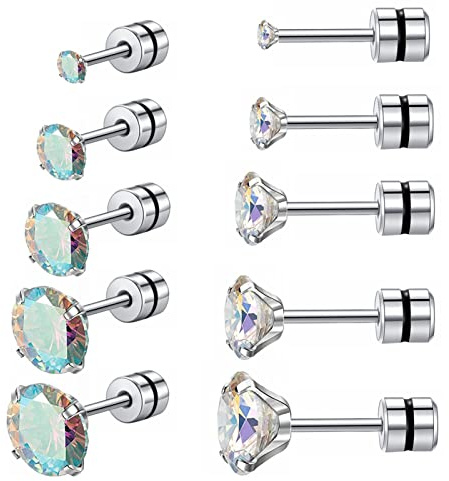 ZOCOYUU 5 Pair Titanium Screw Back Stud Earrings Set for Women Girls, Hypoallergenic Surgical Steel 5A Cubic Zirconia 20G Helix Piercing Jewelry Cartilage Earrings for Sensitive Ears Sleeper Studs
