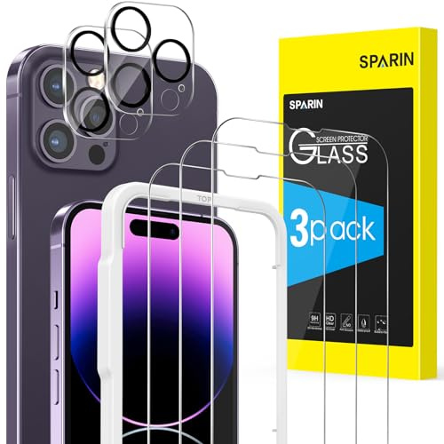 SPARIN Panzer Schutz Glas für iPhone 14 Pro 2022, mit Rahmen-Installationshilfe, 3 Stück Schutzfolie und 2 Stück Kameraschutz für iPhone 14 Pro 6,1 Zoll, 3+2 Stück, 9H Härte Schutzglas Folie