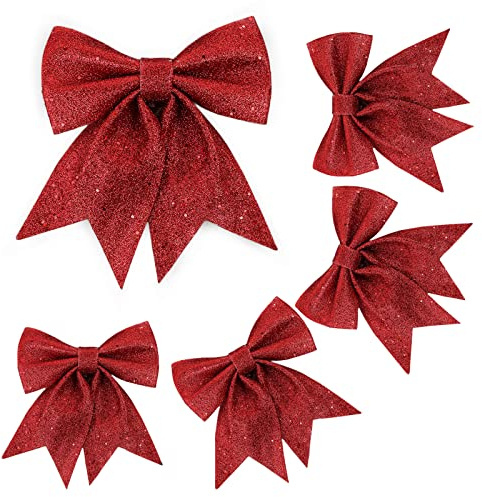 JSRHEEM 5 Noeuds de Noël, Grand/Petit Tailles différentes Noeud de Ruban de Noël, Noeuds d'arbre de noël pour Arbres de Noël, Emballages Cadeaux, Voiture, Mariage(Rouge)