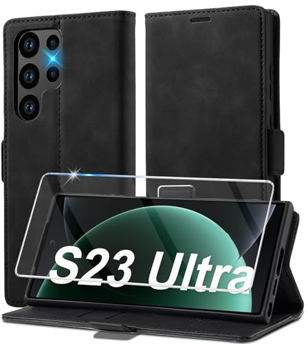 Handyhülle für Samsung Galaxy S23 Ultra Hülle Leder [Mit S23 Ultra Schutzfolie] für Samsung S23 Ultra 5G Hülle Klappbar Leder Flip Wallet, Stoßfeste Case Klapphülle für Samsung S23 Ultra 5G