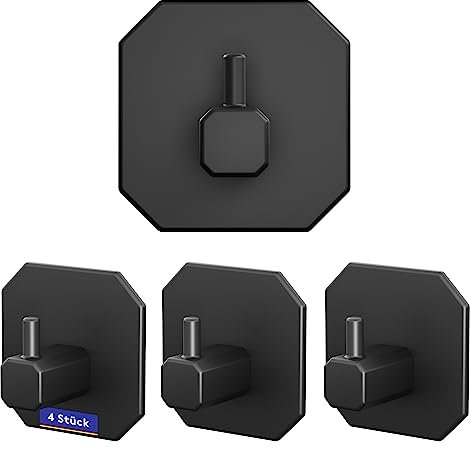 LIEBHEIM Handtuchhaken ohne Bohren - TESA Montage Klebeband für optimalen Halt - Klebehaken Edelstahl - selbstklebend (4X 4.5, 4X Edelstahl Schwarz)