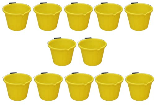 Set of 12-14L Litre Strong Plastic Builders Bucket 3 Gallon Multipurpose Storage Construction Bucket With Metal Handle & Spout For Cleaning Animal Feed Mixing Home & Garden Made in UK (Yellow)
