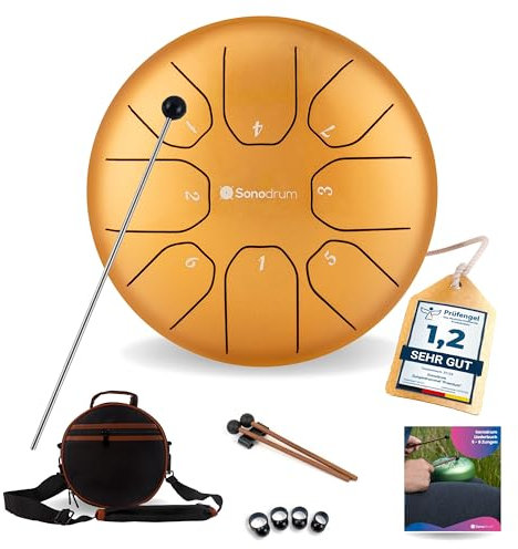Sonodrum Zungentrommel Standard C - Dur in Gold - 20 cm klein mit 8 Tönen - Steel Tongue Drum inkl. Liederbuch, Schlägel, Fingersticks und Tragetasche - Notenlesen nicht nötig, einfach zu spielen.