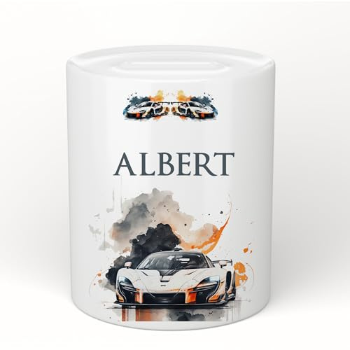 Manufaktur Liebevoll Spardose für Kinder mit Namen | Personalisiertes Geschenk für Mädchen u. Jungen | Verschiedene Motive zur Auswahl (Rennauto Albert)
