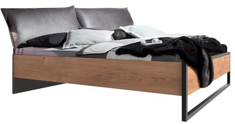Lomadox Bett Doppelbett 180x200 cm, Polsterkopfteil, Eiche mit Stahl Nb.