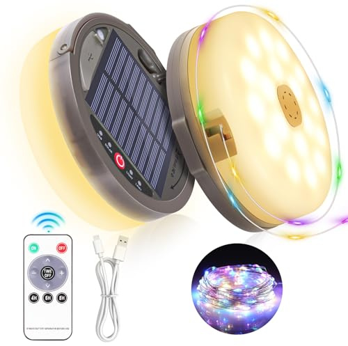 Campinglampa med 12,8 m 128 färgglada LED-campingljus, USB-solcellsladdning, bärbar campinglampa, 3 600 mAh, 5 belysningslägen för campingfester trädgårdsdekoration