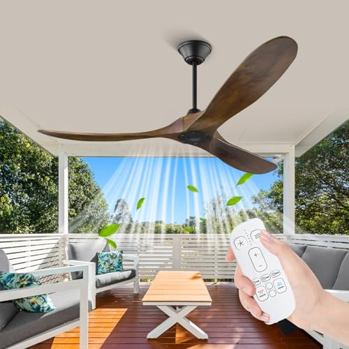 Uaikiea 70 Inch Ceiling Fan without Lights with Remote Control, 3 Blade Wood Ceiling Fan with Noiseless Reversible DC Motor, Indoor Outdoor Ceiling Fans for Patios Farmhouse Bedroom Living Room