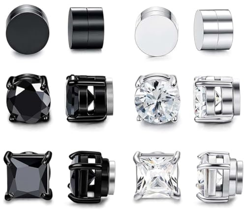 6 Paia 6mm Acciaio inossidabile Orecchini Magnetici Uomo Donna Bambina Diamante Calamita Clip Senza Buco Tondi Piccoli Cerchio Zirconi Argento Neri Oro Diamanti Finti Orecchino Set Nero Tondo
