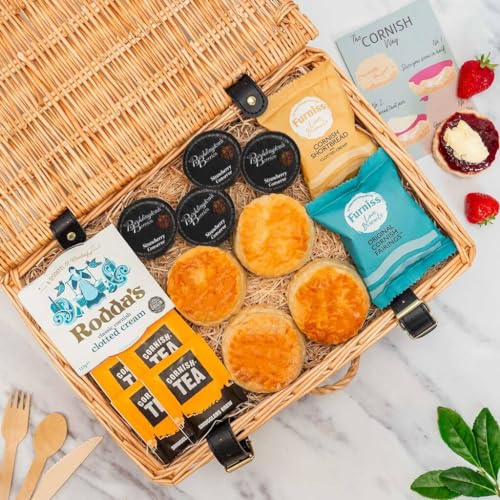 Cornish Hampers & Gifts 4 Person Cream Tea - Deluxe Wicker Hamper Basket Included - Fresh Scones, Tea, Jam, Roddas Clotted Cream & Biscuits + Elegant Wicker Basket. Anniversary & Special Occasions
