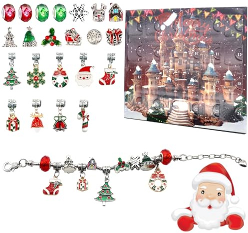 24Pcs Advent Calendar,2025 Has 24 Date Blind Boxes,Made of Plastic and Alloy,Tree,Wreath,Advent Calendar is Full of Atmosphere,Bracelet is Adjustable.