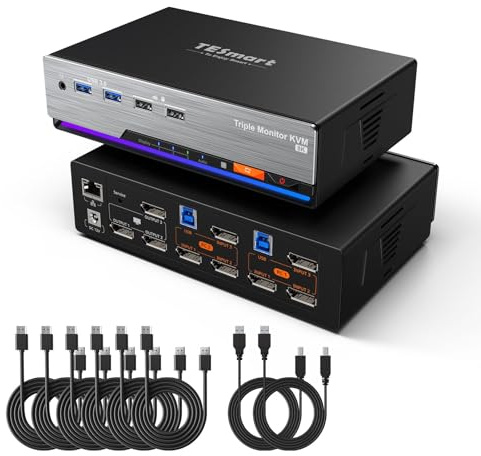 TESmart 8K@60Hz DP KVM Switch 3 Monitore 2 Computer USB 3.0, KVM Switch Triple Monitor 2 Computer DisplayPort 1.4, Unterstützung EDID, 1G Ethernet, Hotkey Switch, 4K @ 144Hz 2K@144Hz für Gaming & Home